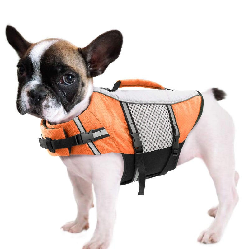 Queenmore Dog Life Jacket Swimming Vest Lightweight High Reflective Pet Lifesaver with Lift Handle, Leash Ring Orange,S - Image 1